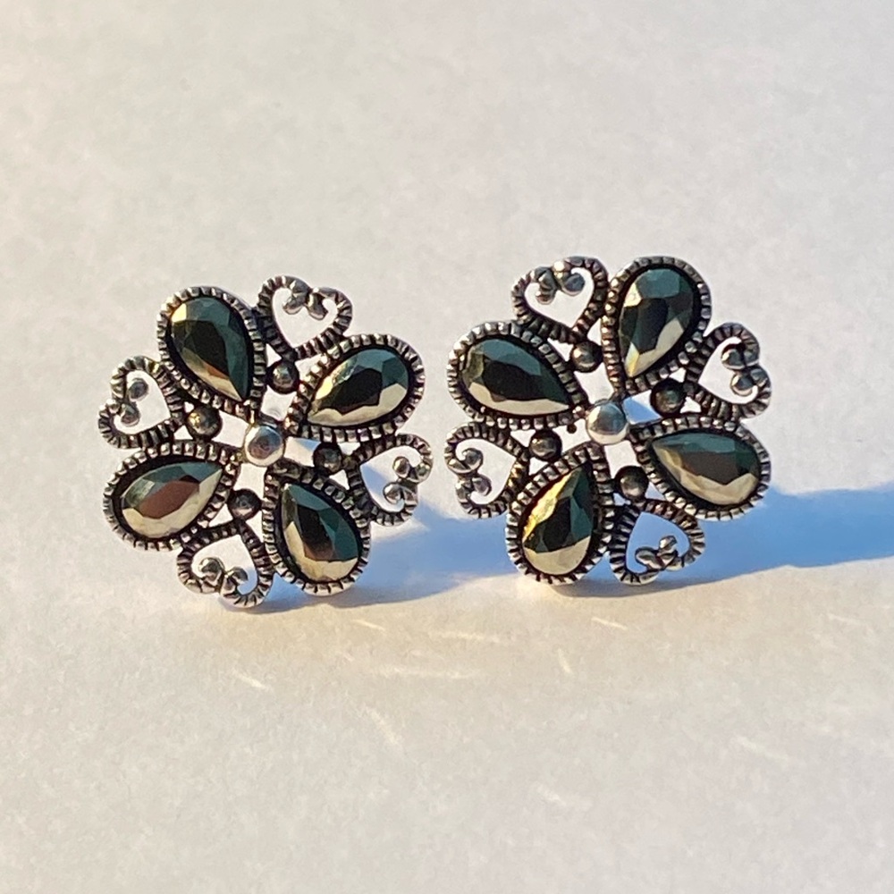 Vintage Sterling Silver Marcasite Floral Earrings